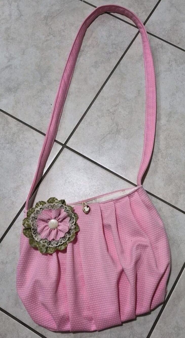Handmade Pink Fabric Shoulder Bag Pleated Floral Cottagecore Purse Lace